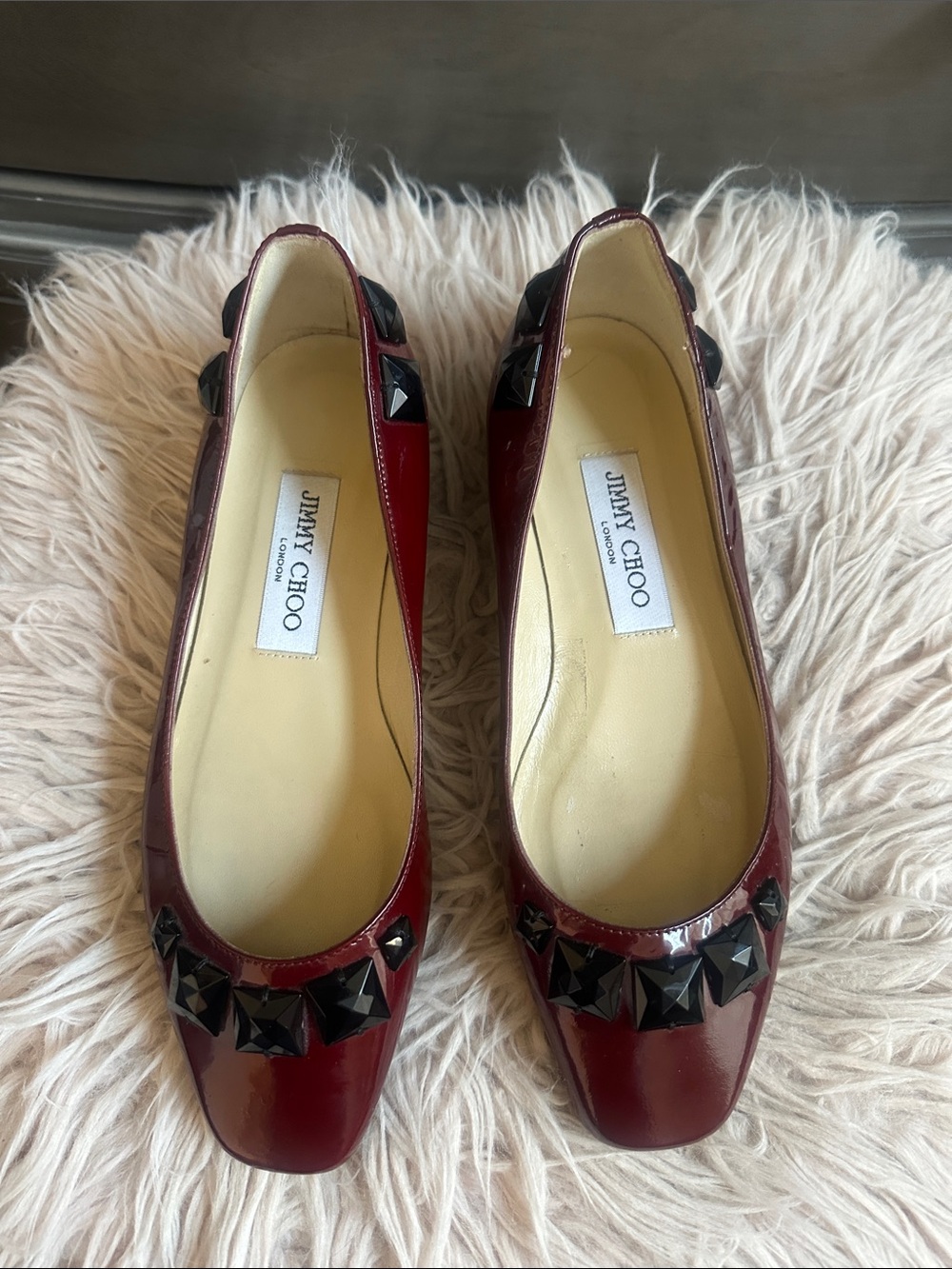 Jimmy Choo Wine Red Patent Leather Stud-Embellished Flats